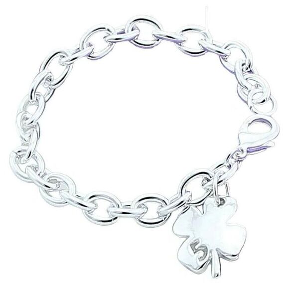 Clover Leaf Lucky Number 5 Link Bracelet Adjustable Sterling Silver Womens New - Picture 1 of 4